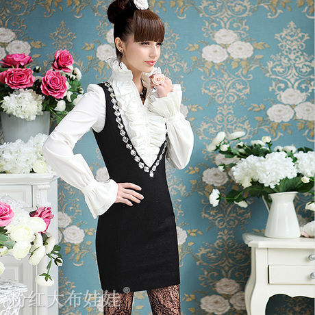 Free shipping Pink winter large dolls gem bordered tight woolen vest one-piece dress