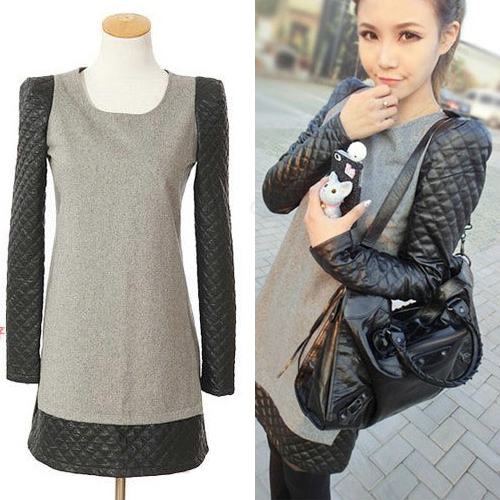 Free shipping Plaid leather patchwork woolen one-piece dress small long-sleeve dress autumn and winter