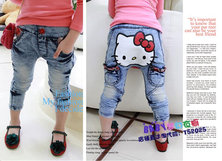 FREE SHIPPING--Pleasant baby wardrobe fashion personality cat jeans girls cartoon modelling outfits 10pcs/lot