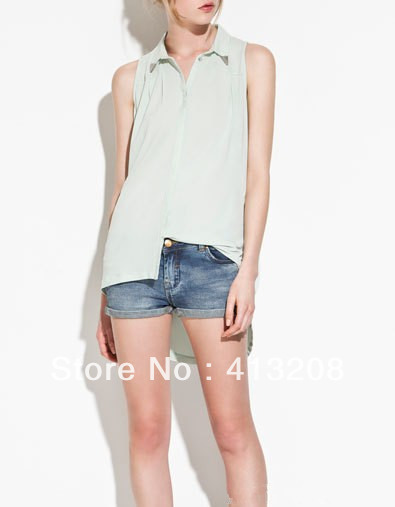 Free shipping Ployamide turn-down collar solid ladies' shirt women's Sleeveless Metal sequins clothing wholesaler