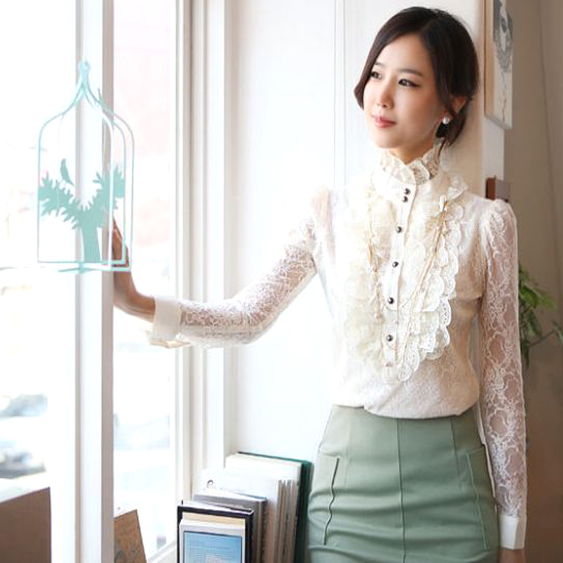 Free Shipping   Plus size  2013  new Korean long-sleeved lace shirts for Women M L XL XXL XXXL