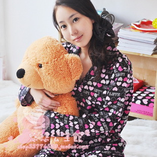 Free shipping  plus size autumn female 100% cotton brushed long-sleeve sleepwear lounge set black-matrix powder love