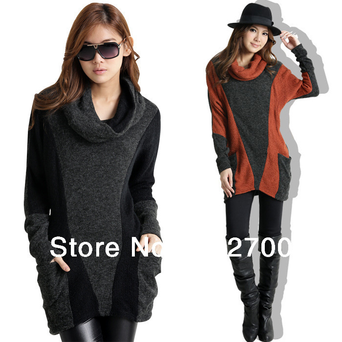 Free Shipping Plus Size Autumn Winter Fashion Loose Color Block Batwing Sleeve Sweaters 2013
