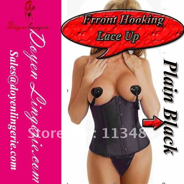 Free Shipping!Plus Size Cheap Strapless Satin Underbust Plain Black Sexy Corset Bustier Top With T-thong DH7055