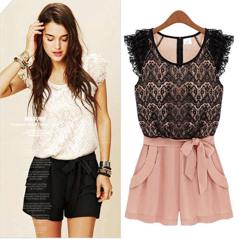 Free shipping Plus size clothing 2012 mm autumn chiffon lace patchwork jumpsuit  & Rompers