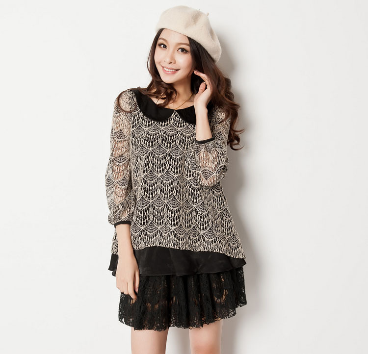 free shipping Plus size clothing 2012 summer fashion o-neck cutout lace  shirt L XL 2XL 3XL