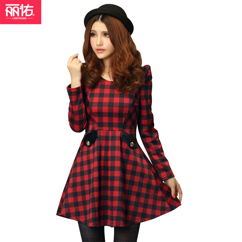 Free shipping plus size england dress autumn winter paid with fake leather long sleeve red white L-XXXL