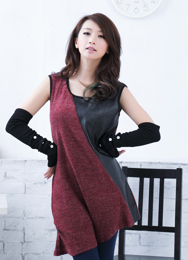 Free shipping plus size irregular dress women autumn separate sleeve color block fake leather casual black red  XL-XXXXL