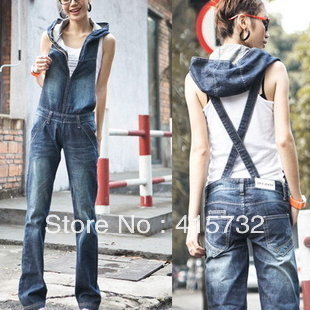 Free Shipping Plus Size Jumpsuit For Women Fashion Jeans Overalls With Zipper And Hood Bib Pants Denim Straight Trouses Romper