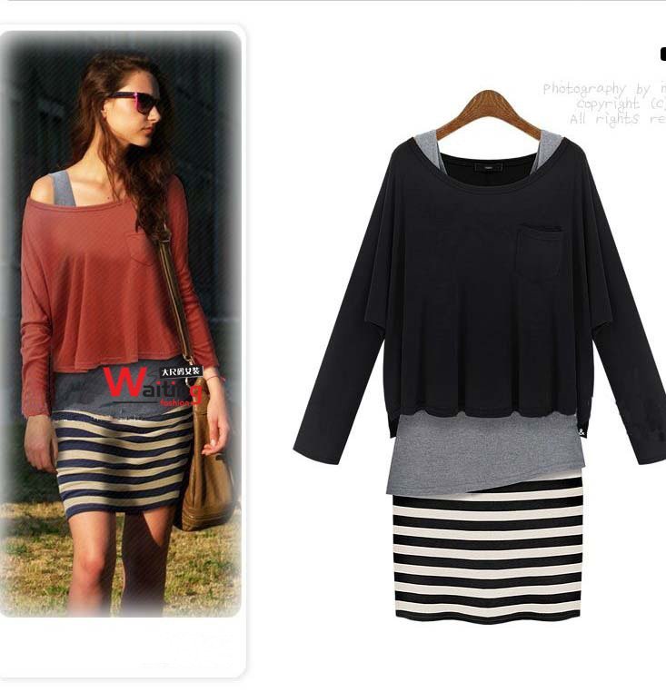 Free Shipping Plus Size Korea Style White Stripe Two-peice Dress/ Black Long Sleeve Shirt + Tank Dress Size XL XXL XXXL