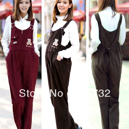 Free Shipping Plus Size Maternity Overalls Clothing Cute Bear Pattern Jumpsuit  2012 women Corduroy Loose romper Pregnant Pants