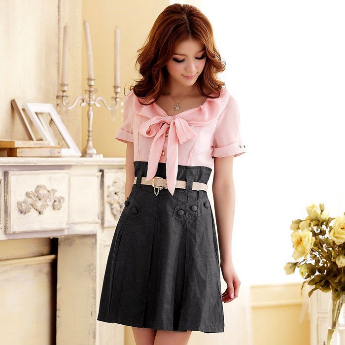 Free Shipping Plus Size  With free belt  Spring Summer Short Sleeve  Above Knee Mini Chiffon + Cotton dress CH3208 Holiday Sale