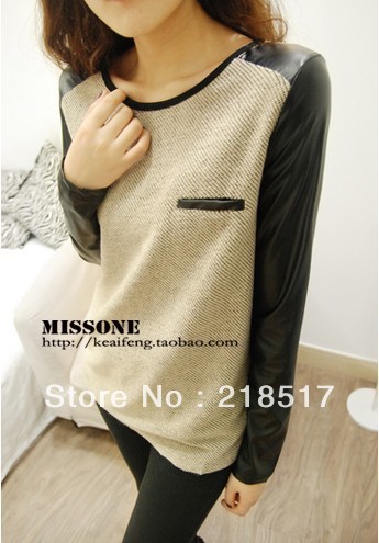 Free Shipping plus size women clothing t shirt korean style punk sexy tops tee clothes Long sleeve T-shirt Stitch leather D-112