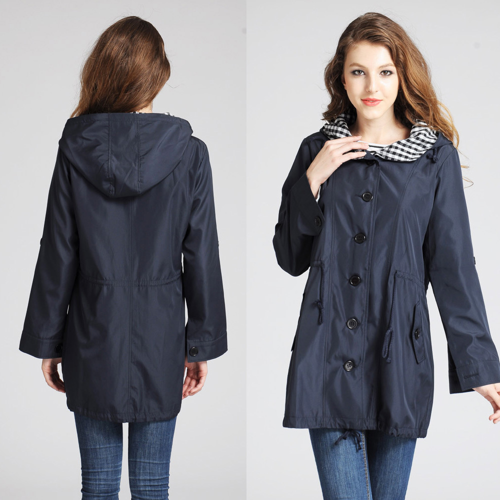 Free shipping Plus size women fashion casual with a hood adjustable trench outerwear e030 dark blue