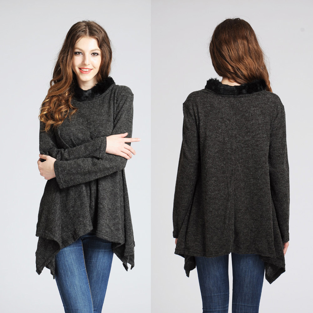 Free shipping Plus size women fashion loose elegant fur collar sweater E132 grey