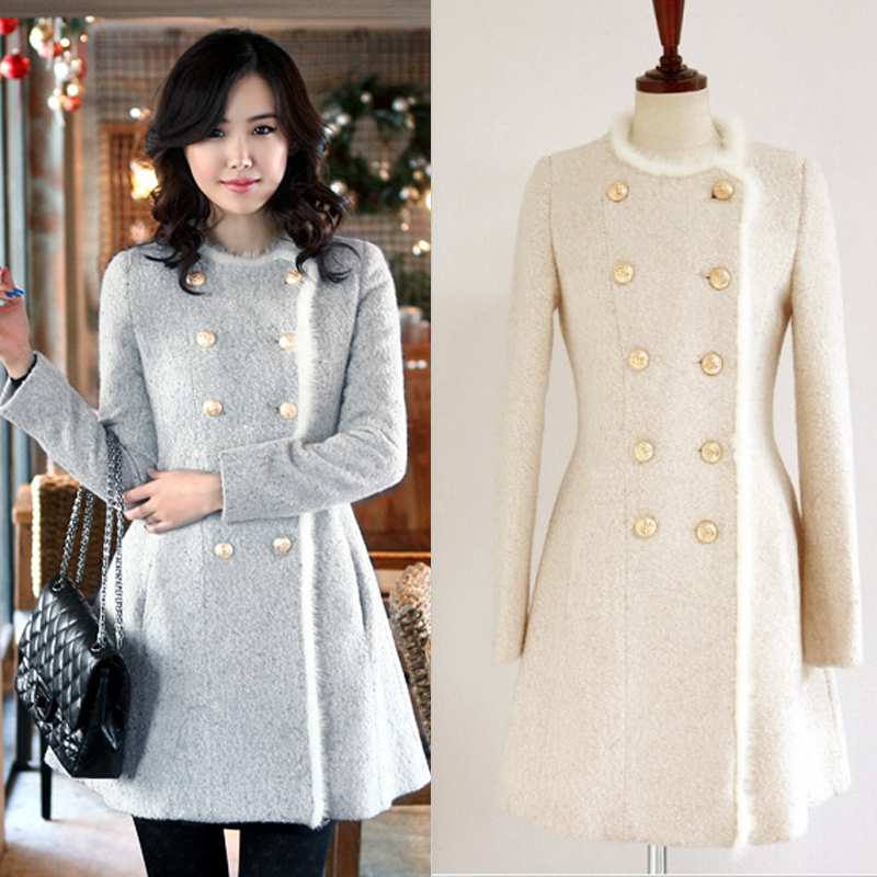 Free shipping plus size women wool long trench coat 2012 double breasted rabbit fur fashion outerwear pink blue beige S-XXXL