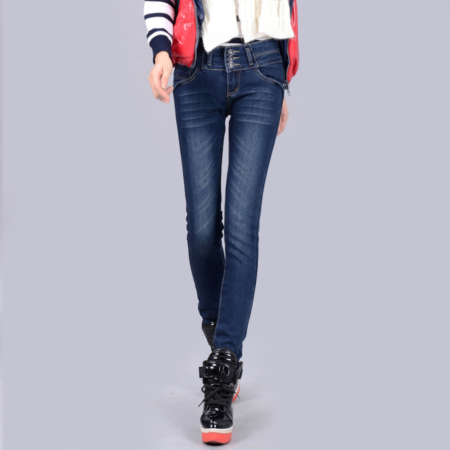 Free shipping Plus velvet thickening jeans female high waist buttons pants skinny pants pencil pants all-match boot cut jeans