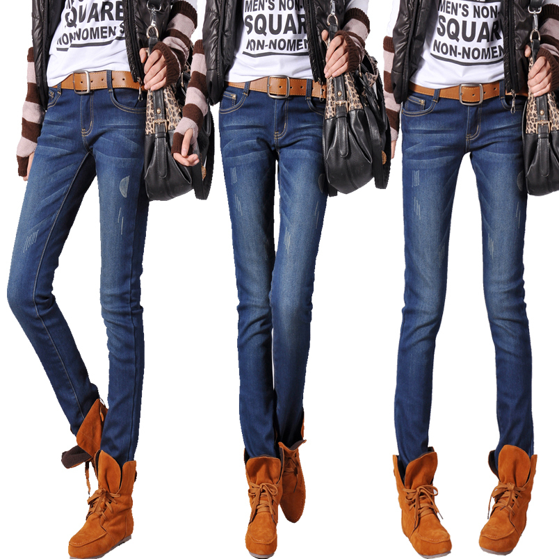 Free shipping Plus velvet thickening slim boots trousers pencil jeans wemon trousers winter thermal fashion stlye wemon jeans