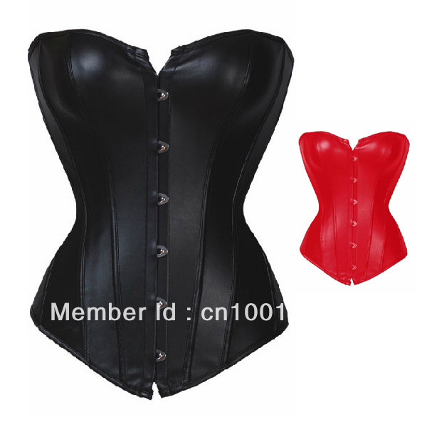 Free Shipping Pluse size Black Red Faux Leather Shaper Boned Bustier Corset Top S-2XL