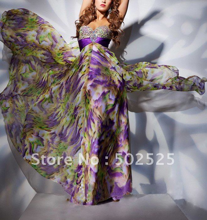 Free Shipping Polychrome Printing Fabirc Beading and Pleat handwork Strapless Celebrity Dresses OL101970