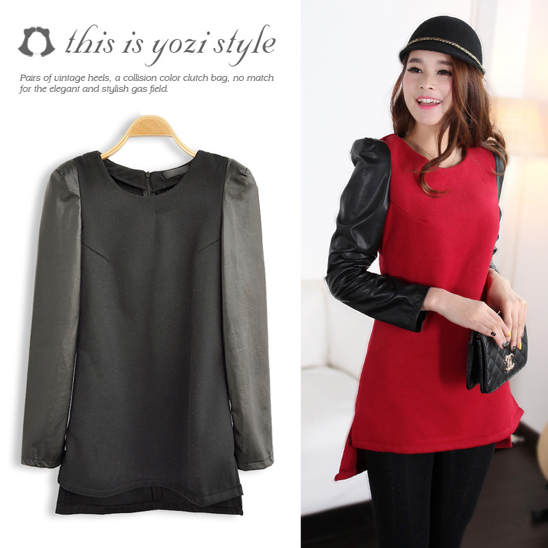 Free shipping Pomeloes clothing 2012 winter new arrival o-neck leather patchwork thickening knitted one-piece dress x-893