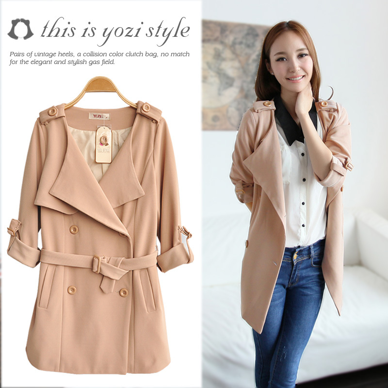 free shipping, Pomeloes clothing autumn new arrival women's casual turn-down collar double breasted belt trench outerwear zc194
