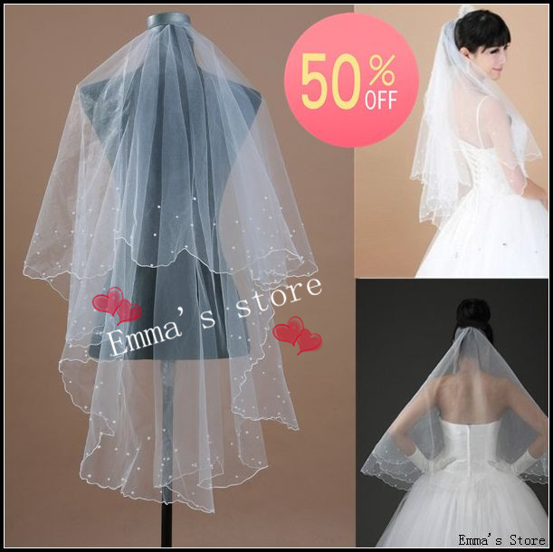 Free Shipping Popular Fashion New 2013 Hot Sale Cheap Off 1T White Ivory Wedding Bridal 47\"X57\" Pearls Scallop Edge Veil