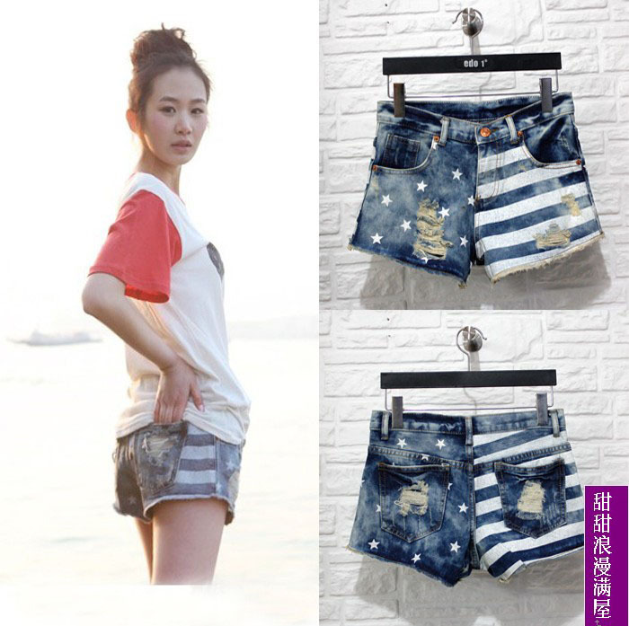 Free Shipping Popular personality stripe denim shorts 379274 high quality