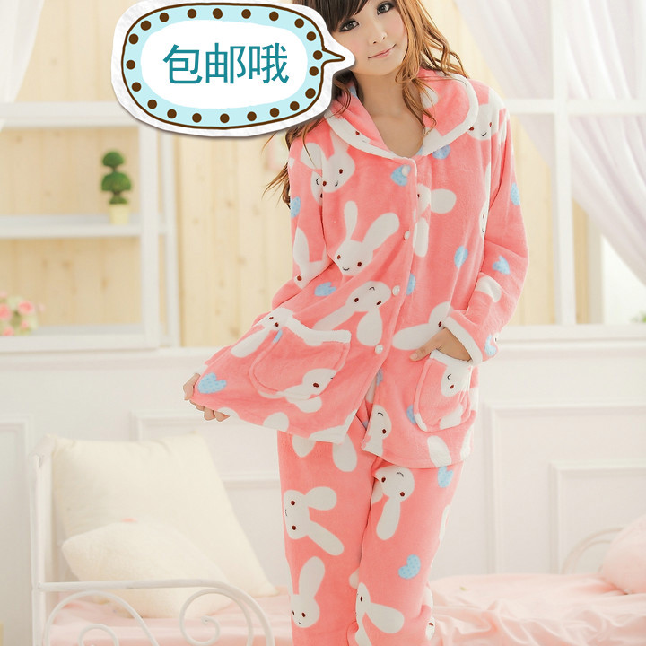 free shipping post lady jewellery Thickening thermal cartoon rabbit coral fleece sleepwear long-sleeve female 2011 winter