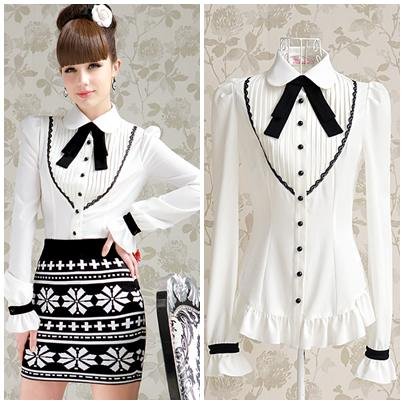 Free shipping preppy style black bow tie full sleeve ladies casual slim pleated blouses shirts 2013 design hot selling