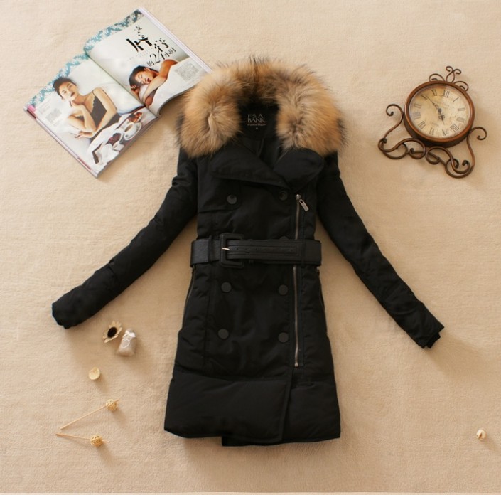 free shipping pretty fashion women winter warm fur collar mid long zipper down parkas 2colors