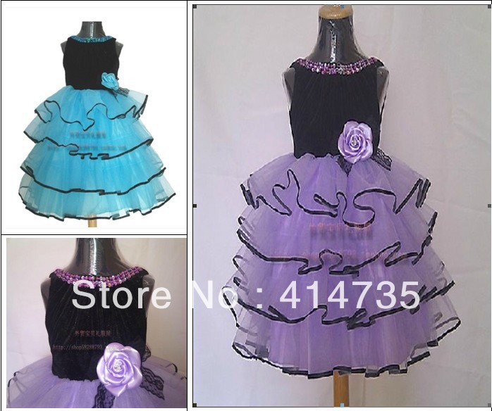 Free Shipping Pretty Handmade Flowers Ruffles Floor Lenght Empire Cap Sleeve Purple  Flower Girl Dresses 2013 Custom Made