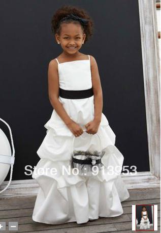 Free Shipping Pretty Pageant Gown Angels Spaghetti Straps A-line Black Sash Flower Girl Dresses Children Dress