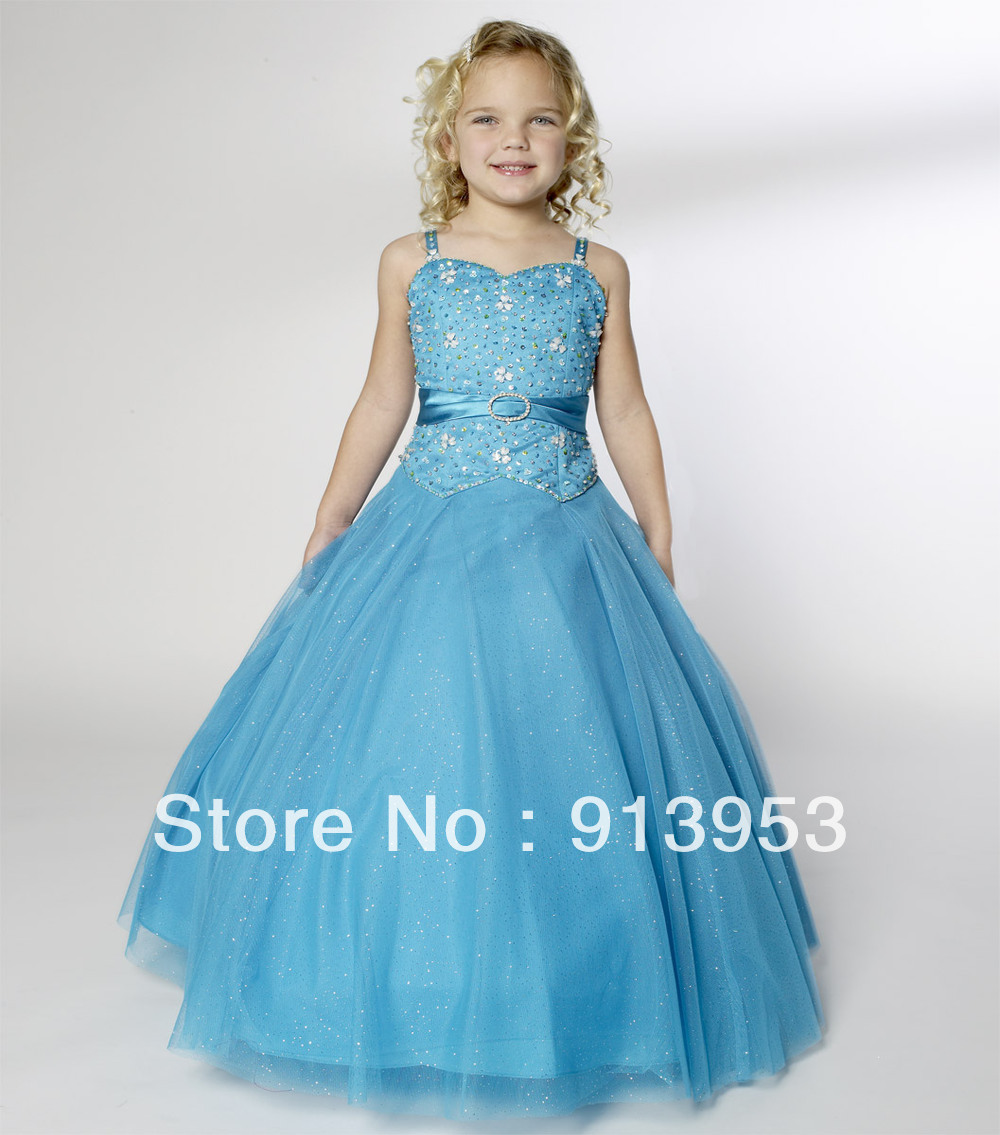 Free Shipping Pretty Pageant Gown Angels Spaghetti Straps Blue Flower Girl Dresses Children Dress