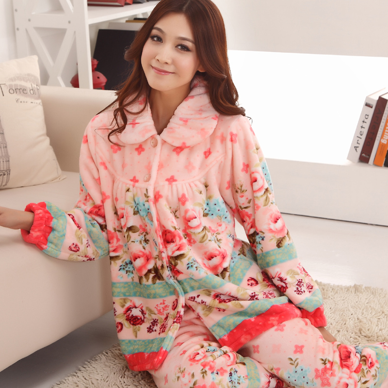 Free Shipping Princess autumn and winter flower coral fleece sleepwear thickening women's long-sleeve flannel set lounge