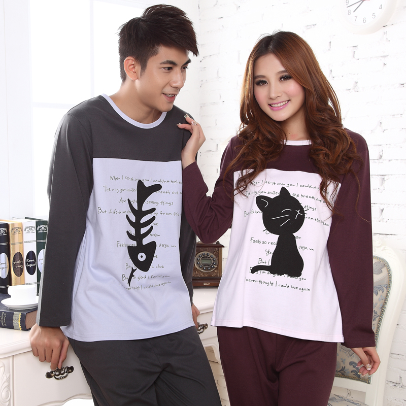 Free Shipping Princess spring and autumn cartoon cat fish lovers sleepwear long-sleeve male women's cotton lounge set