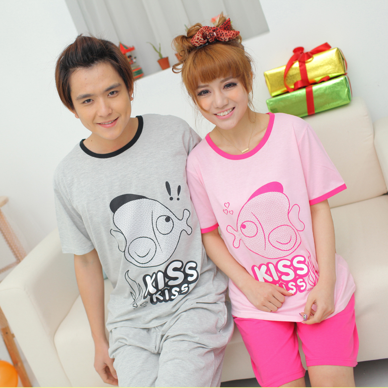 Free Shipping Princess summer cartoon kissing fish male women's cotton lovers sleep set lounge