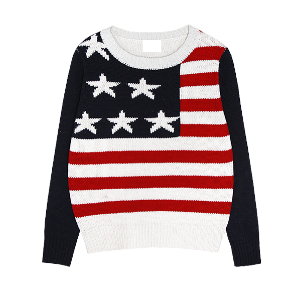 Free Shipping  Printed Knitted Sweater Women Fashion  stars and stripes   decoration   vintage preppy style  partysu Casual Wear
