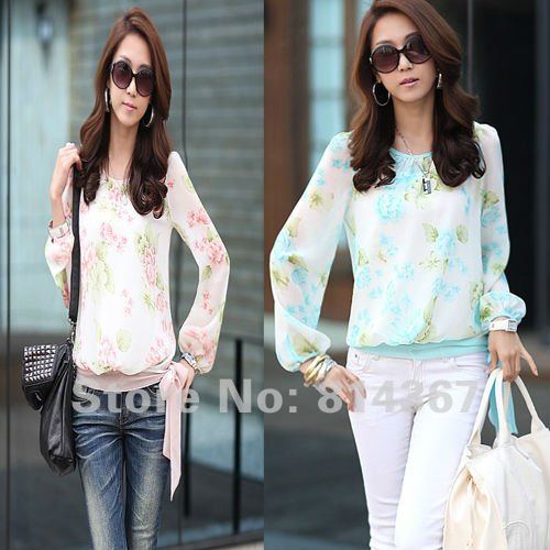 Free Shipping Printing Translucent Hem Lace Long-sleeve Chiffon Blouse WF-0118