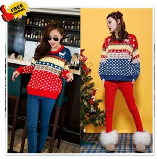 Free shipping promotion for Christmas Christmas deer color loose long sleeve pullovers sweaters