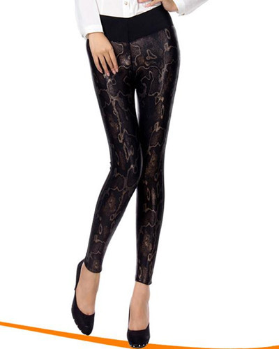 Free Shipping Promotion Skinny Faux Leather Leggings Women Print Tights Wide Waistband Pencil Pants
