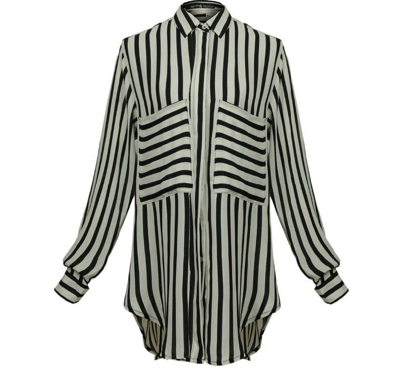 free shipping Prothorax big pocket decoration stripe shirt autumn and winter double pocket long-sleeve women's shirt notu648