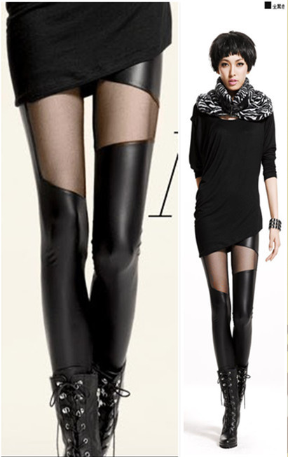 Free  shipping PU faux leather pants gauze patchwork tight trousers legging f fashion pencil pants