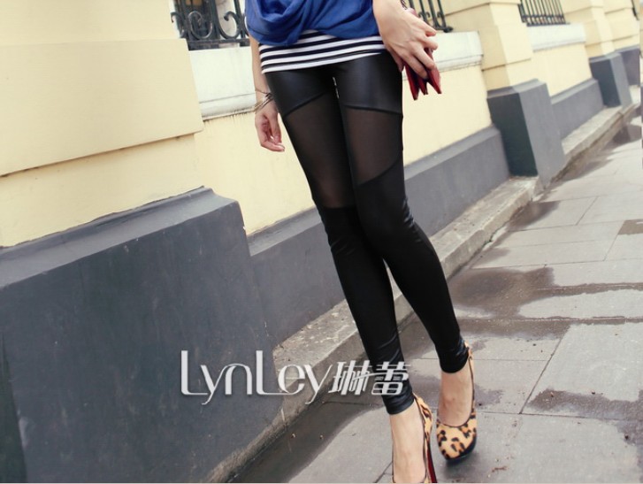 Free shipping PU Leather Gauze Stitching Slim Tight Sexy Leggings