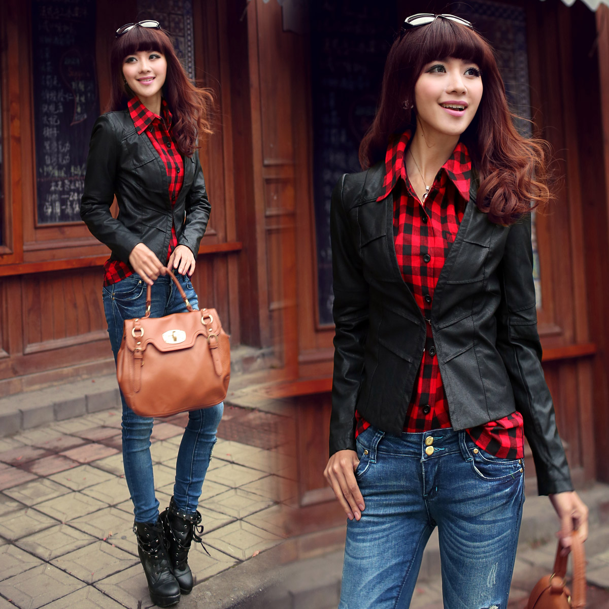 Free shipping +PU Leather Slim fashion locomotive street style small black leather