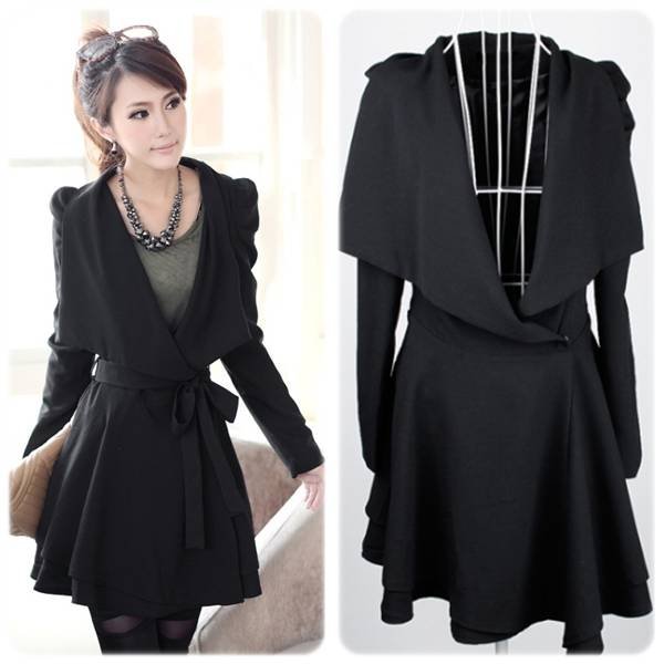 Free shipping puff full sleeve slim pleated turn down collar trench cape overcoat women belt casual irregular winter windproof