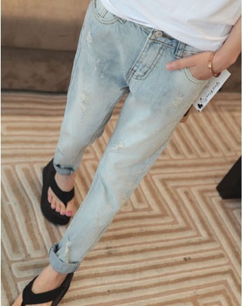 Free Shipping Puffs fashion women's classic casual jeans hole handsome trousers ochric water wash small harem pants