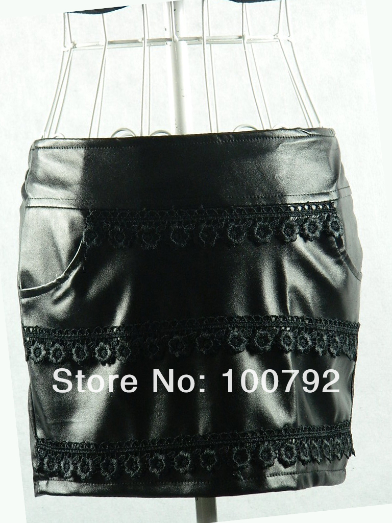 Free shipping   punk rock gothic   faux leather lace mini skirt ,celebrity style street  fashion skirt