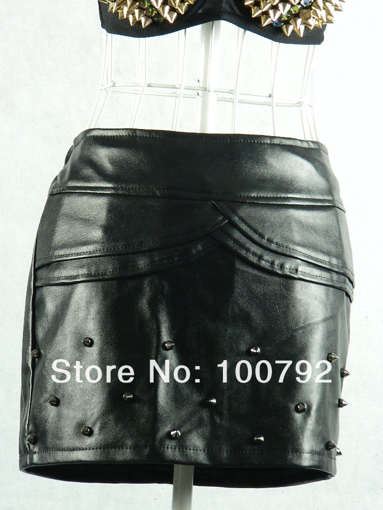 Free shipping   punk rock gothic  spike faux leather lace mini skirt  street  fashion skirt