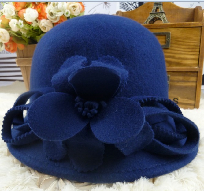 free shipping Pure wool blanket hat large flower decoration campaniform cap wide brim dome bucket hat bucket hats